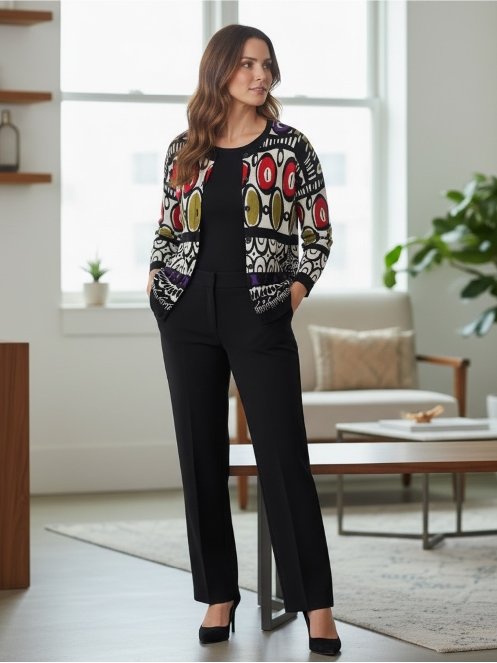 Joseph A Colorful Abstract 3/4 Sleeve Button Front Scoop Neck Cardigan Size PXL